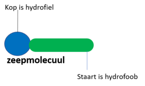 Figuur 3 zeepmolecuul met hydrofiele kop en hydrofobe staart